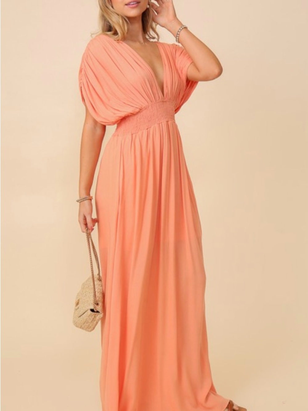 Timing Coral Pleated V-Neck Maxi Dress - Picture 6 of 12